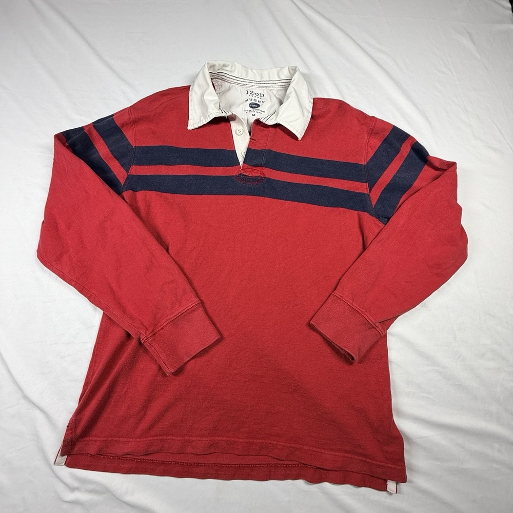 IZOD Jeans Rugby Shirt Mens Medium Red Navy Blue Striped Long Sleeve Cotton
